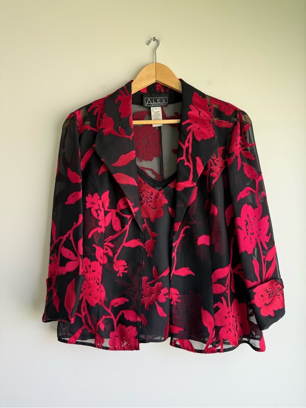 Alex Evenings Black Red Floral Burnout Jacket & Tank Set Size Large